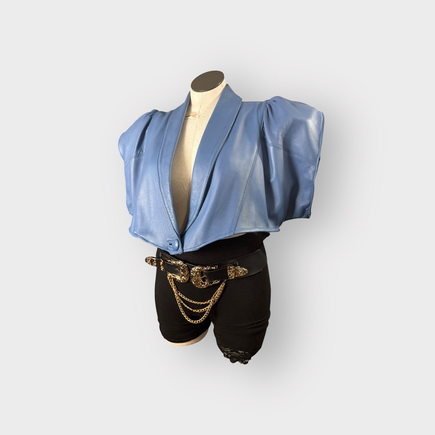 Blue power shoulder leather cropped jacket