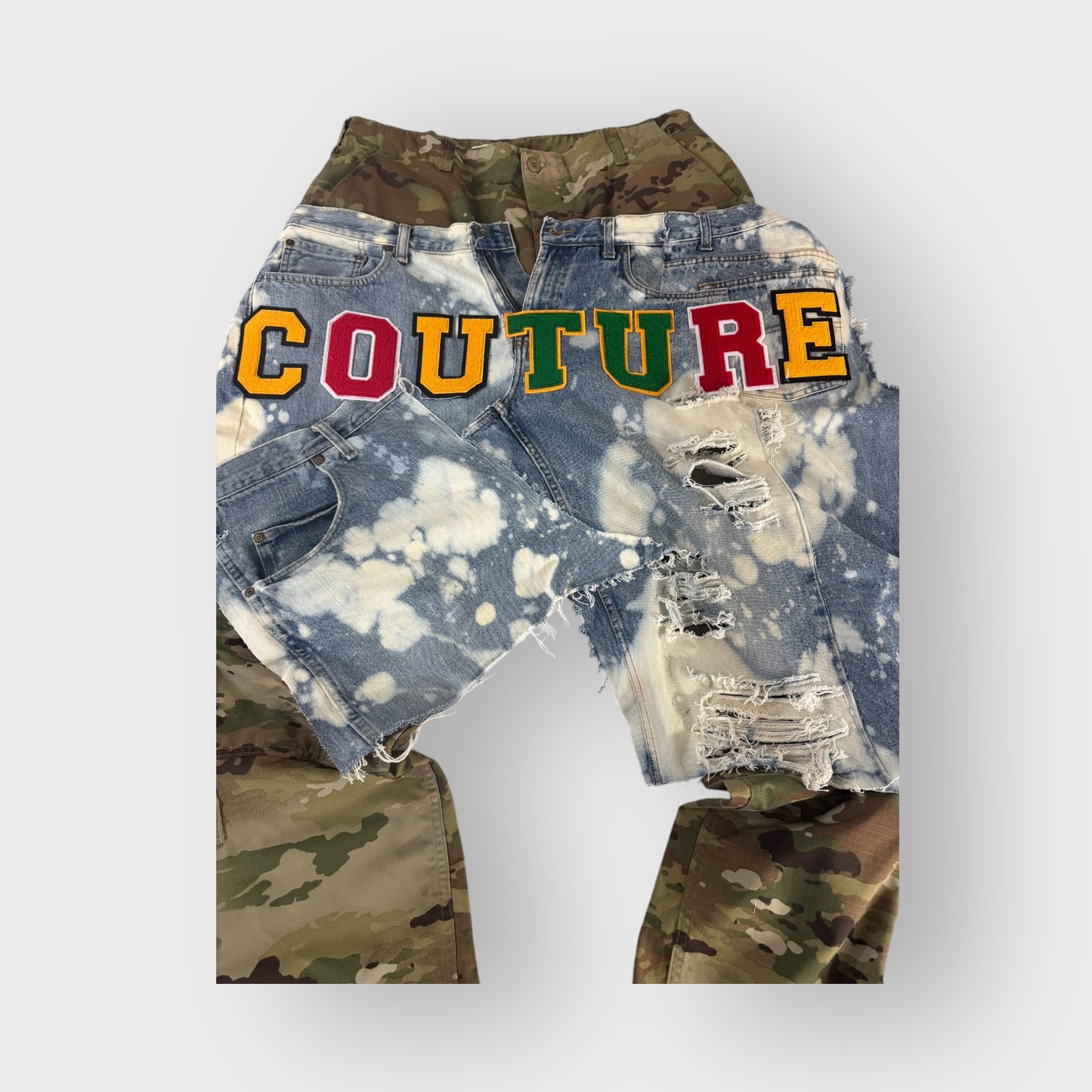 Distressed Denim Couture Overlay Camo Cargos