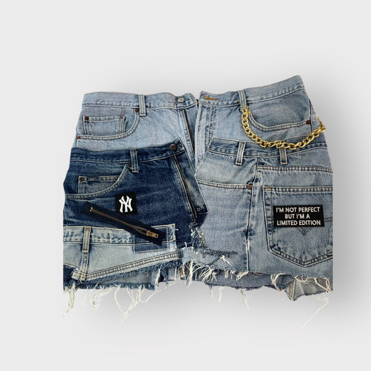 Double Denim Patchwork Mini Skirt