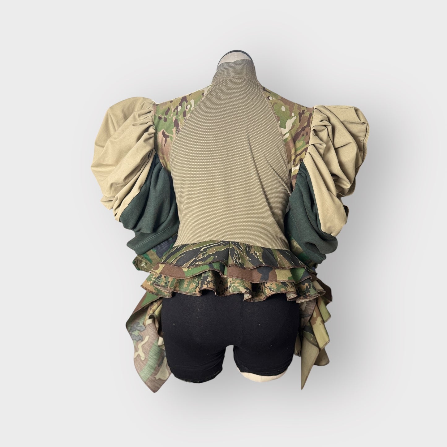 Multi Camo Puff Sleeve Peplum with Cascading Ruffles