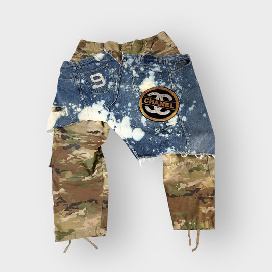 Distressed Denim Layover Camo Cargos