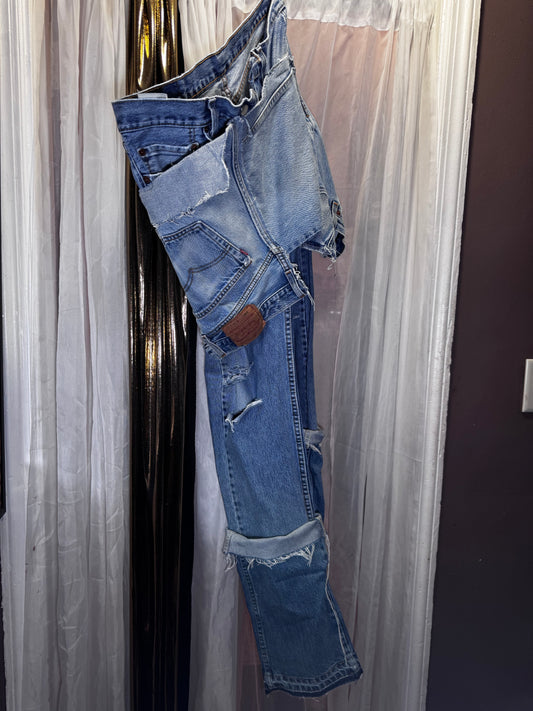 Distressed Denim Apron Style Overlay Jeans