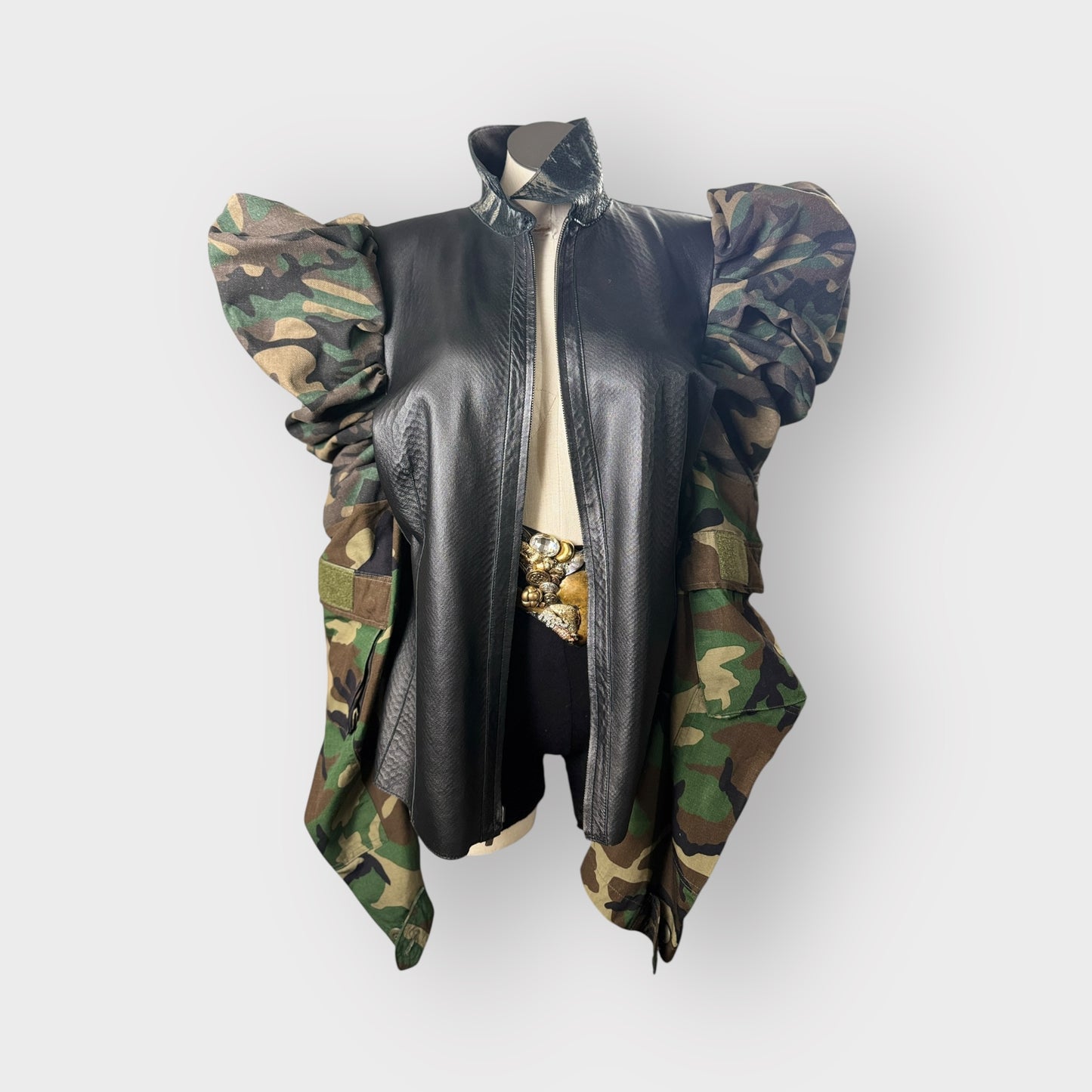 Double Take Leather Puff Sleeve Camo Jacket