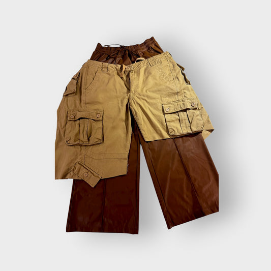 Faux Leather n Cargo Overlay Wide Leg Trousers