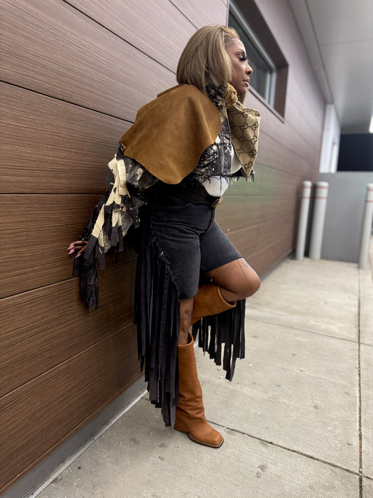 Distressed Denim Cropped Fringe Jacket