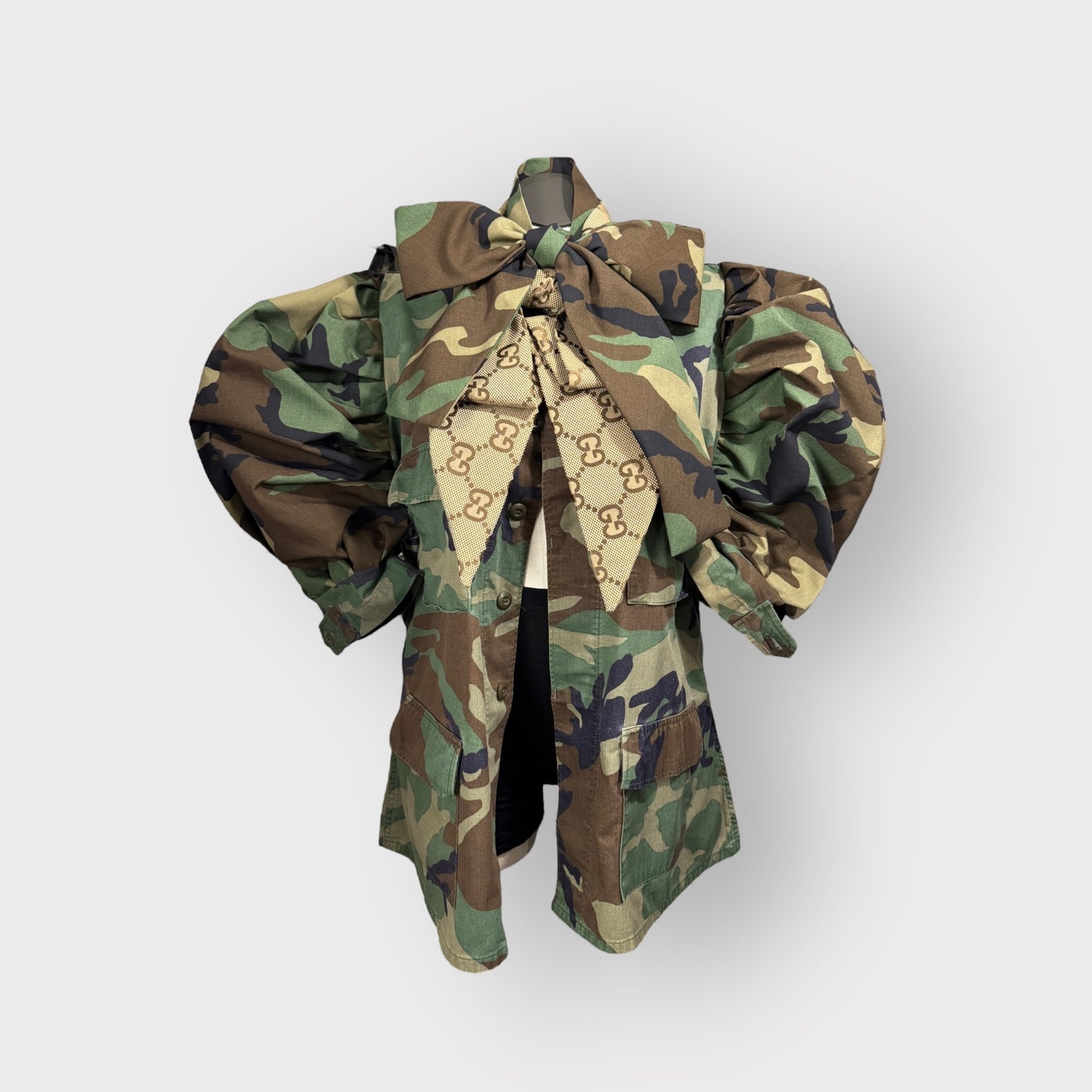 (Made to order) Camo Double Power Bow Puff Sleeve Shacket