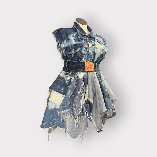 Distressed Vintage Denim Peacock Tail Peplum Dress