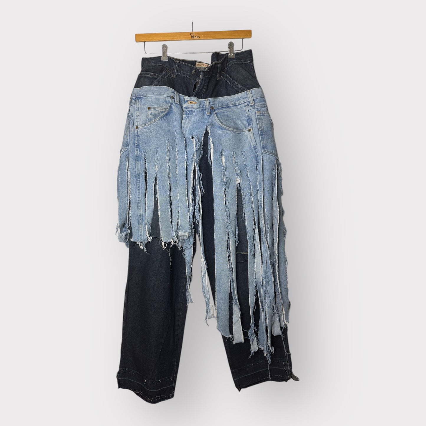 Two Toned Double Denim Fringe Layover Carpenter Jeans