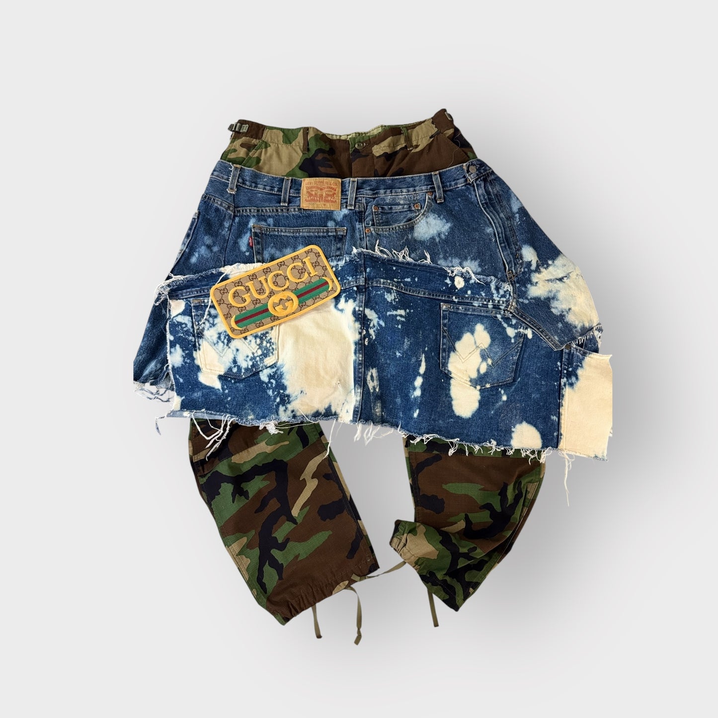Distressed Denim Overlay Camo Cargos