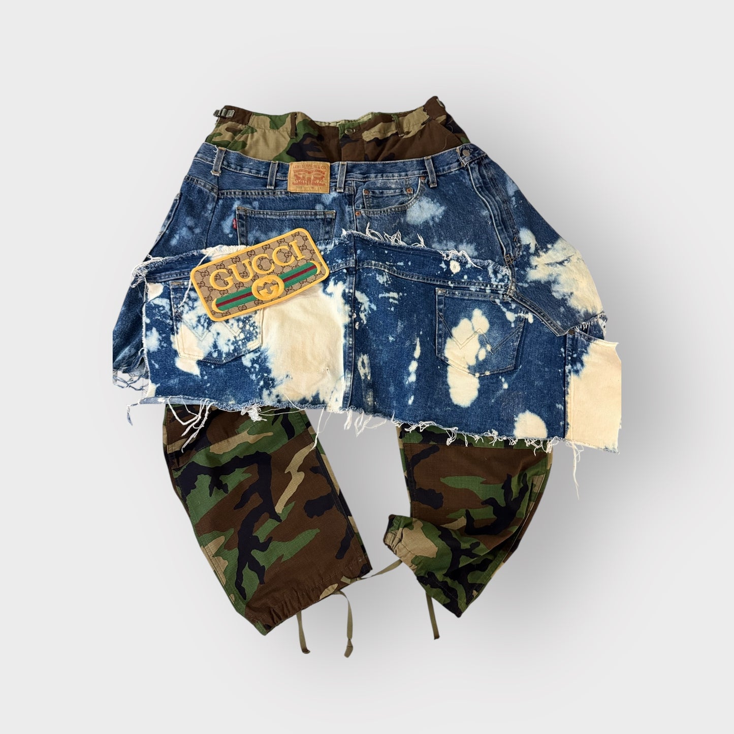 Distressed Denim Overlay Camo Cargos