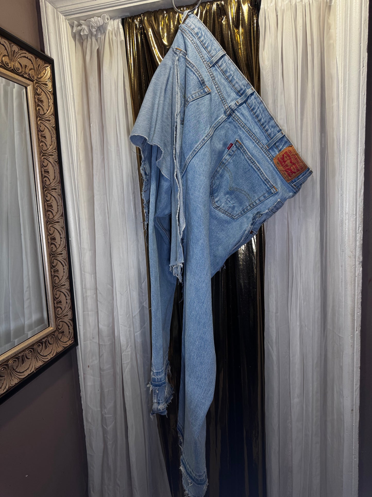 Distressed Denim Apron Style Overlay Jeans