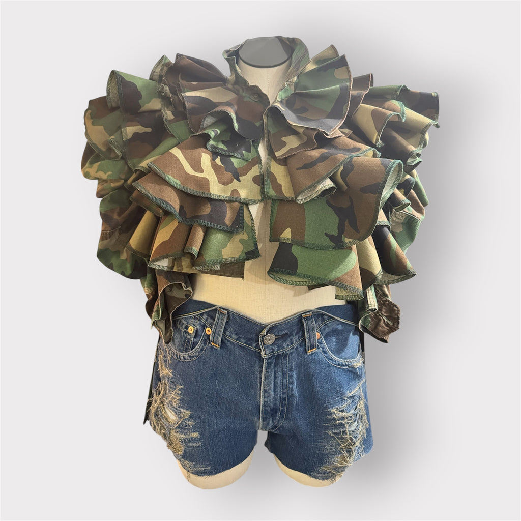 Western Style Ruffle Tuxe Tail Puff Sleeve Camo