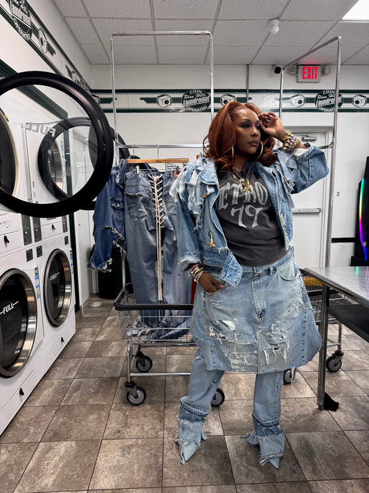 Distressed Denim Over Skirt Jeans