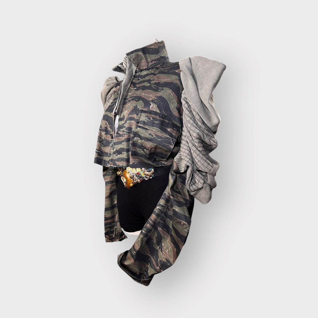 Tiger Stripped Cropped Camo Sweater Sleeve Shacket