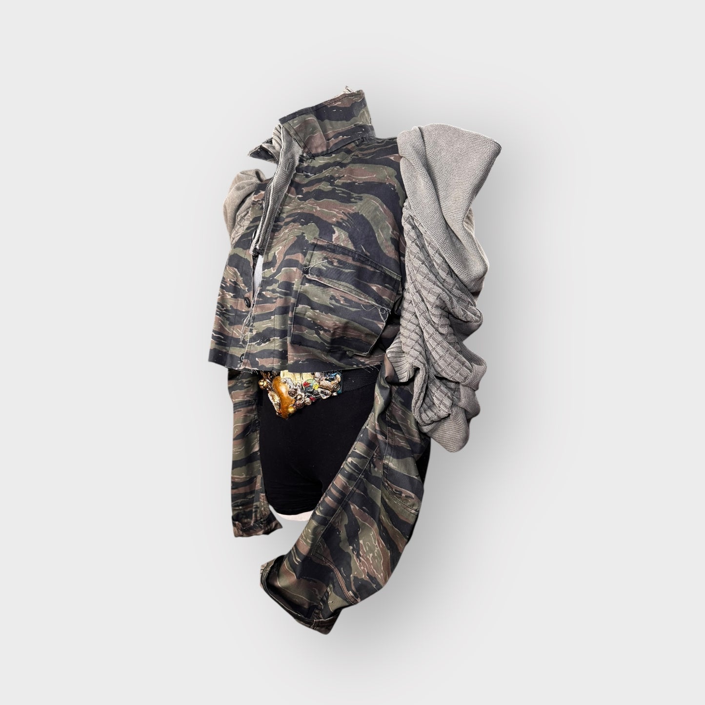 Tiger Stripped Cropped Camo Sweater Sleeve Shacket