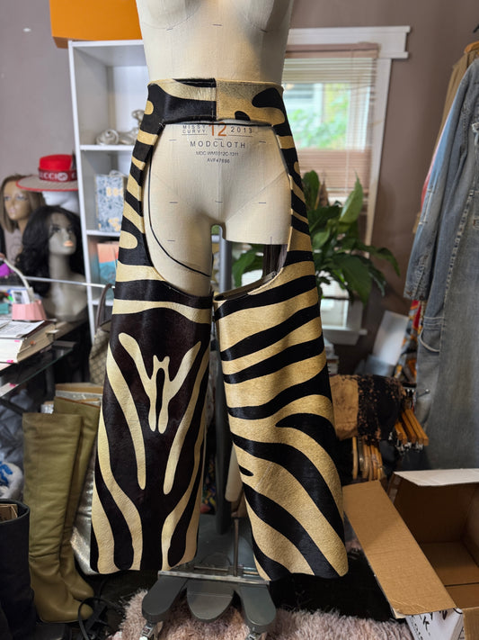 Custom Cowgirl Couture Zebra Cowhide Chaps with Exaggerated Fringe