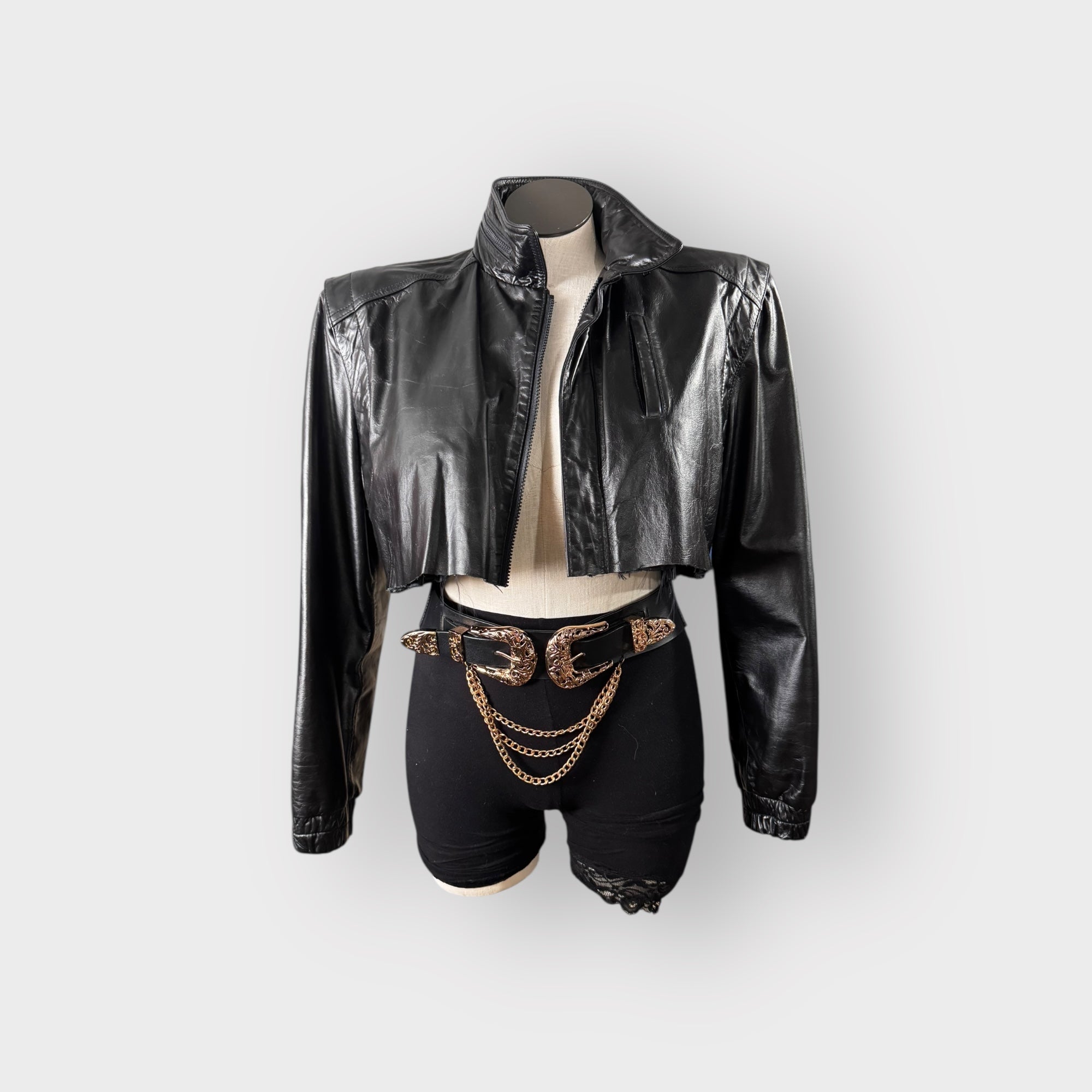Leather Power Shoulder Cropped Jacket