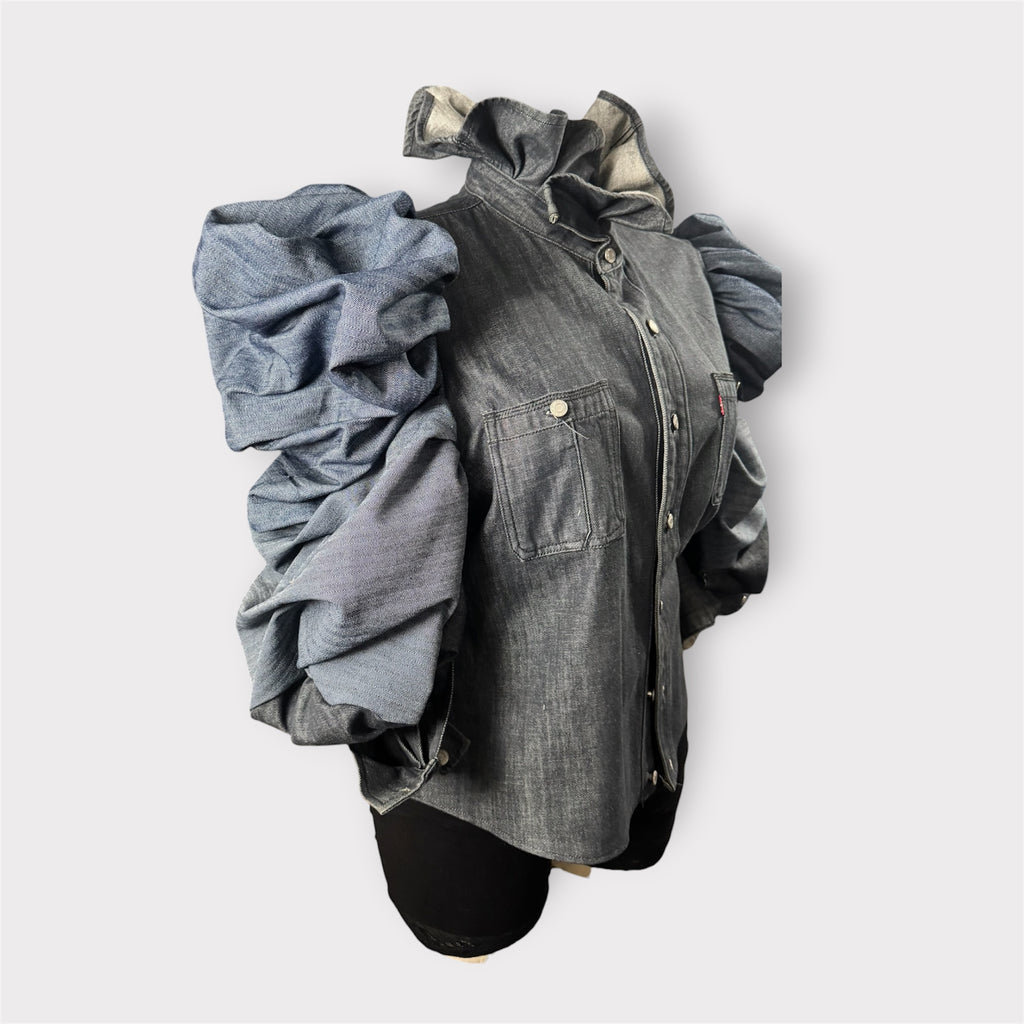 Deep Denim Tulip Neck Rose Petal Style Puff Sleeve Shacket