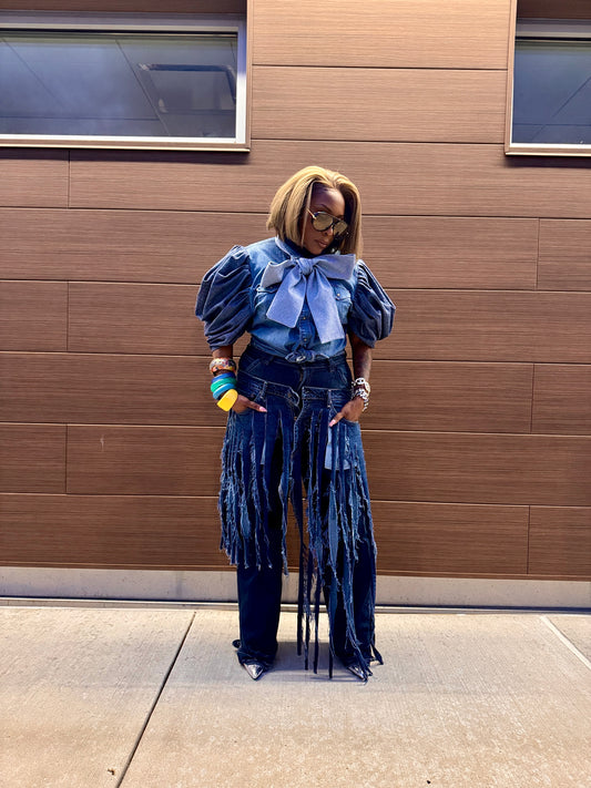 Dark Double Denim Fringe Over Skirt Jeans