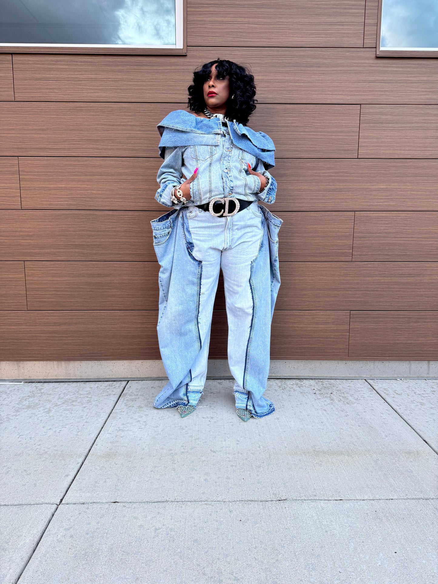 Double Denim Chap Style Wide Leg Jeans