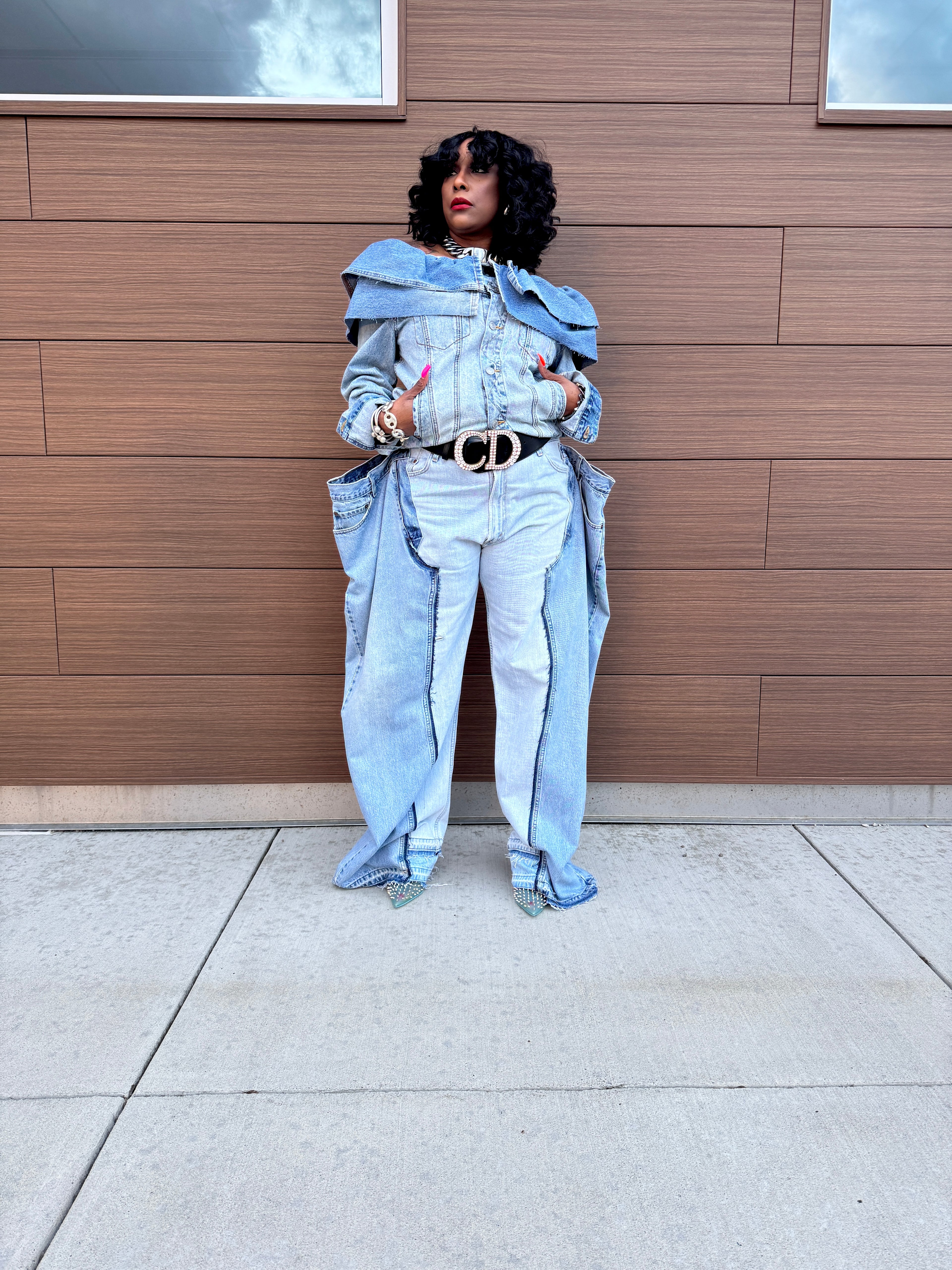 Double Denim Chap Style Wide Leg Jeans