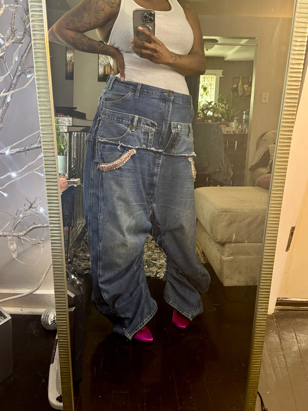 Triple Denim Baggy Cowgirl Couture Drop Crotch Denim Wide Leg Jeans