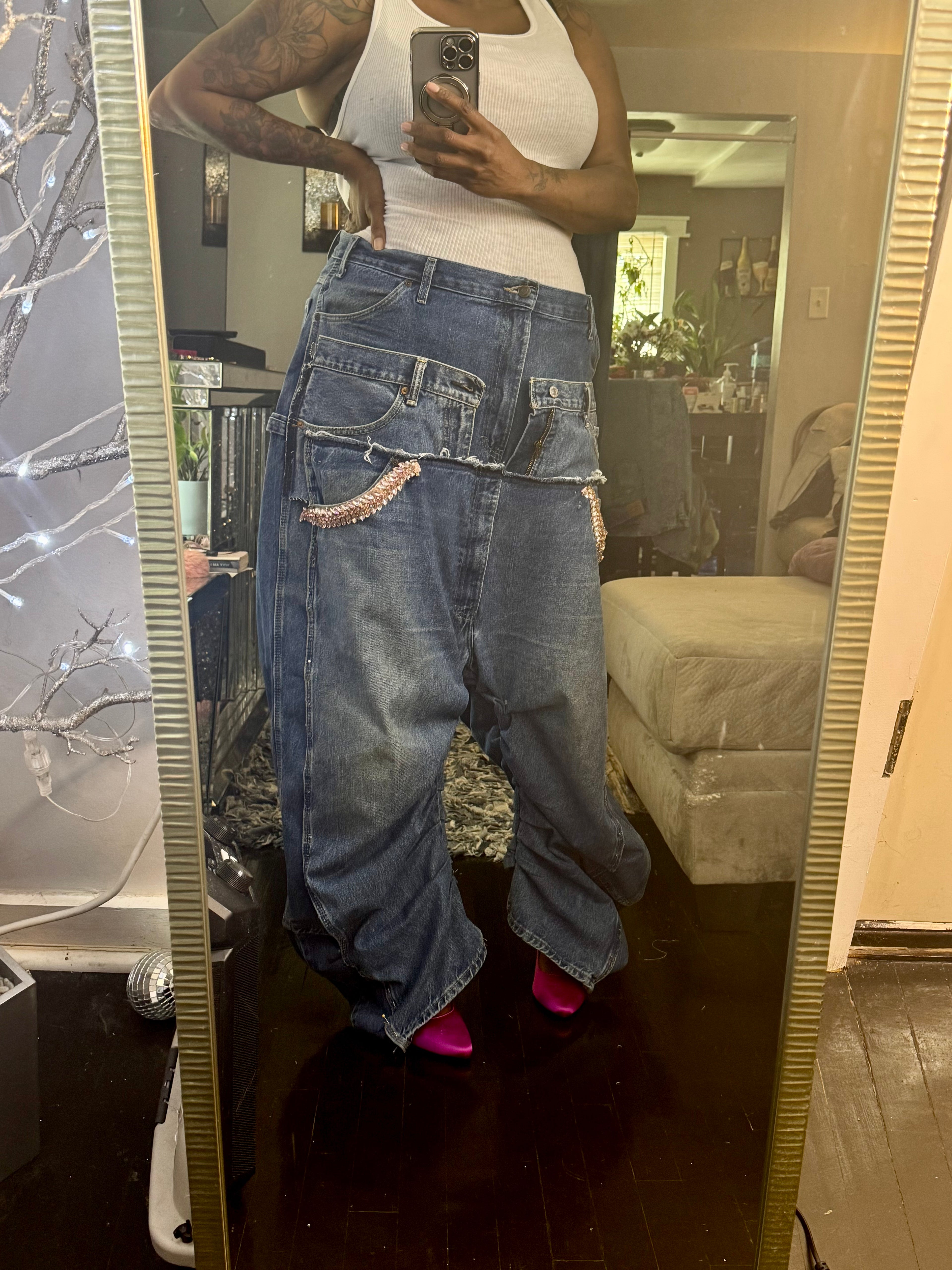 Triple Denim Baggy Cowgirl Couture Drop Crotch Denim Wide Leg Jeans