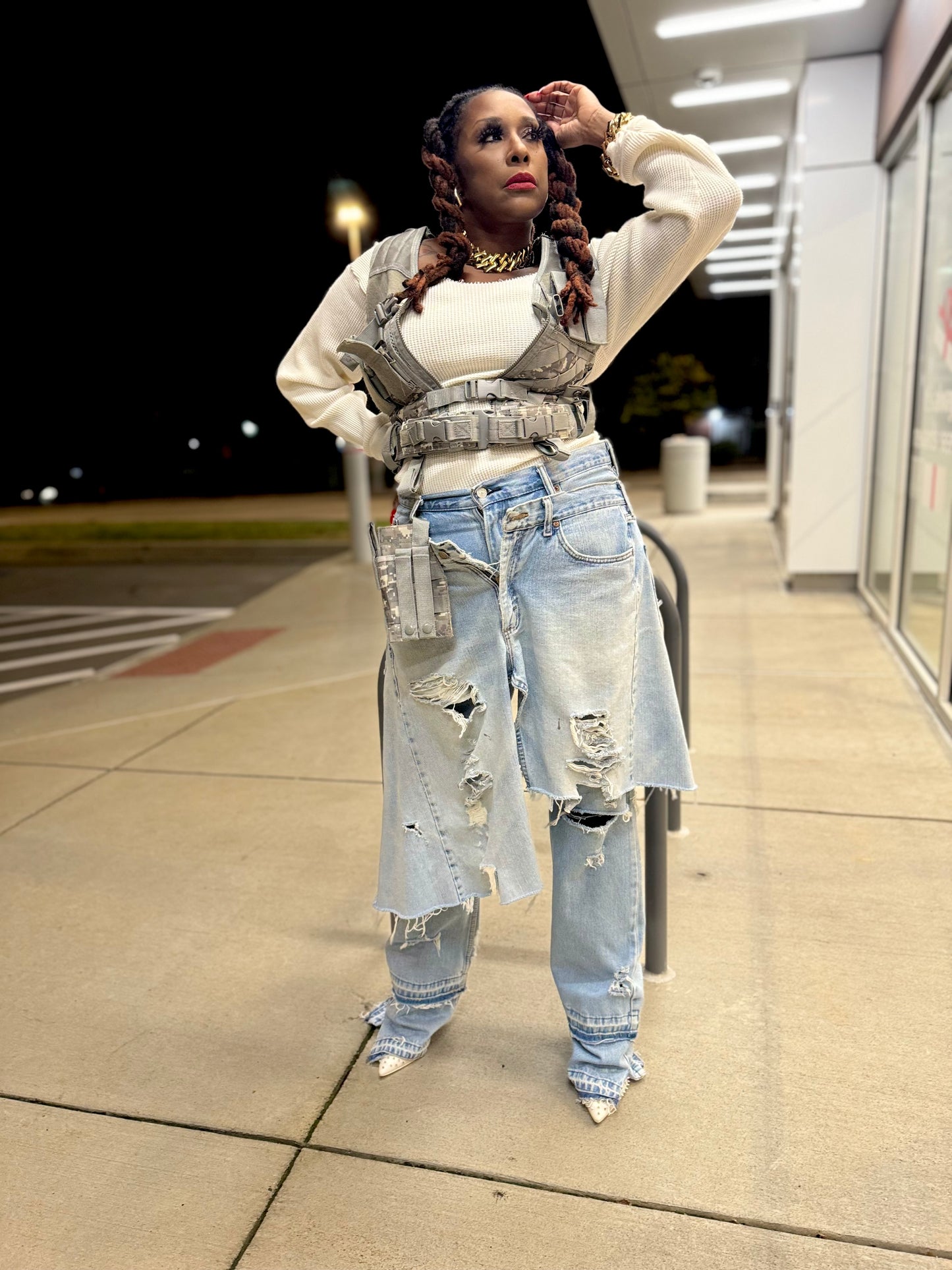 Distressed Overlay Denim Jeans