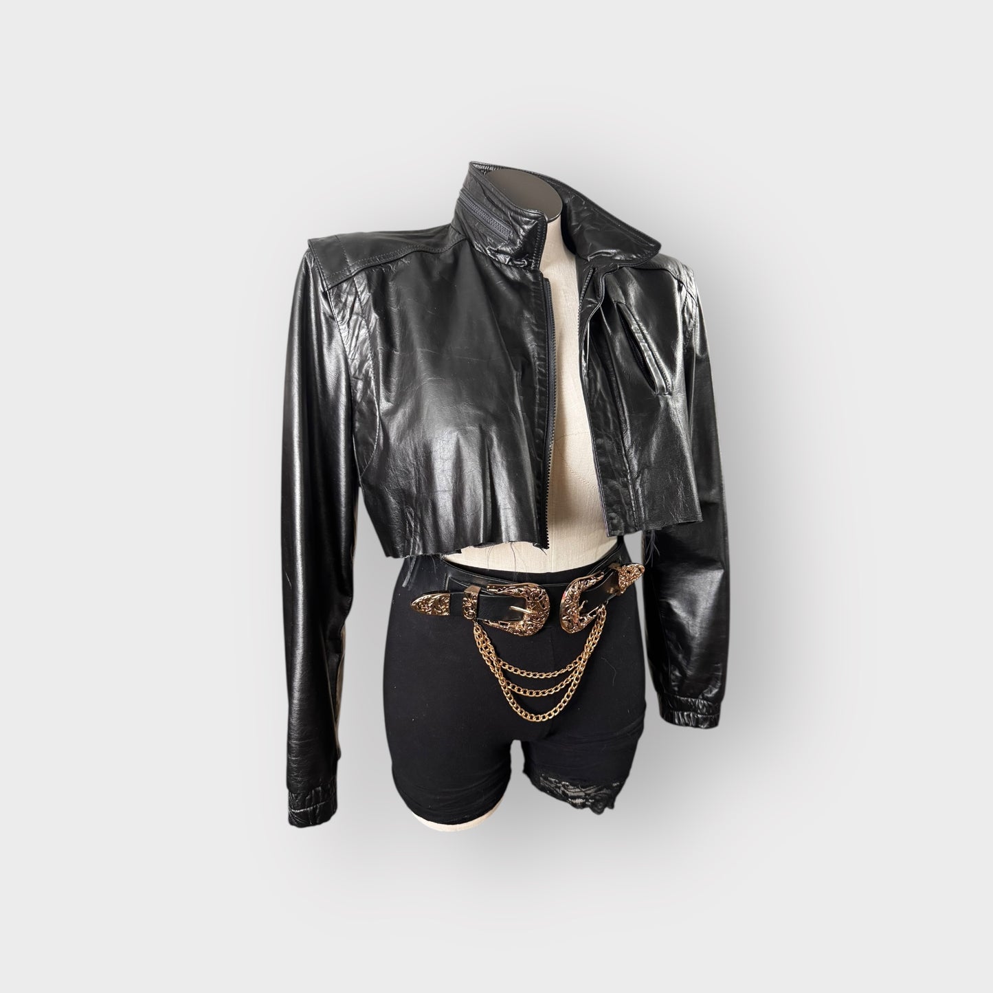 Vintage Leather Custom Couture Shoulder Leather Crop Jacket