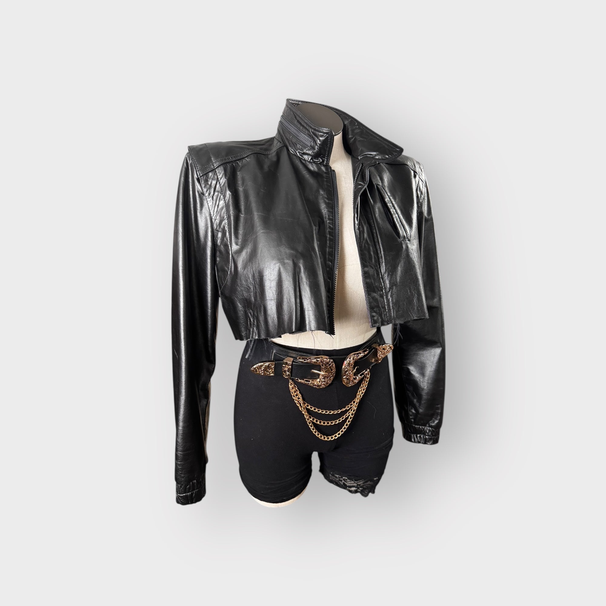 Leather Power Shoulder Cropped Jacket
