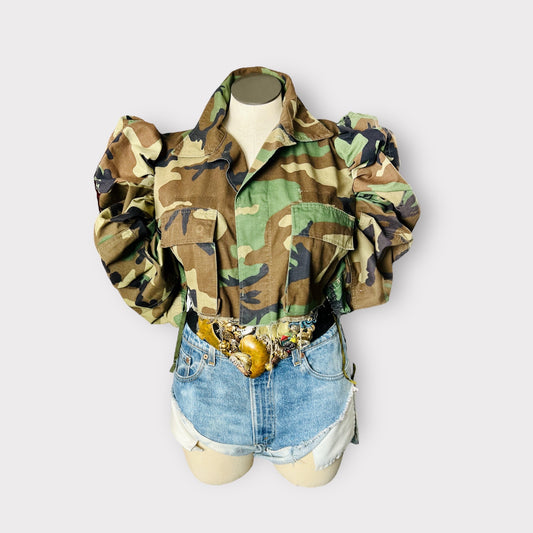 Cropped Backless Puff Sleeve Camo