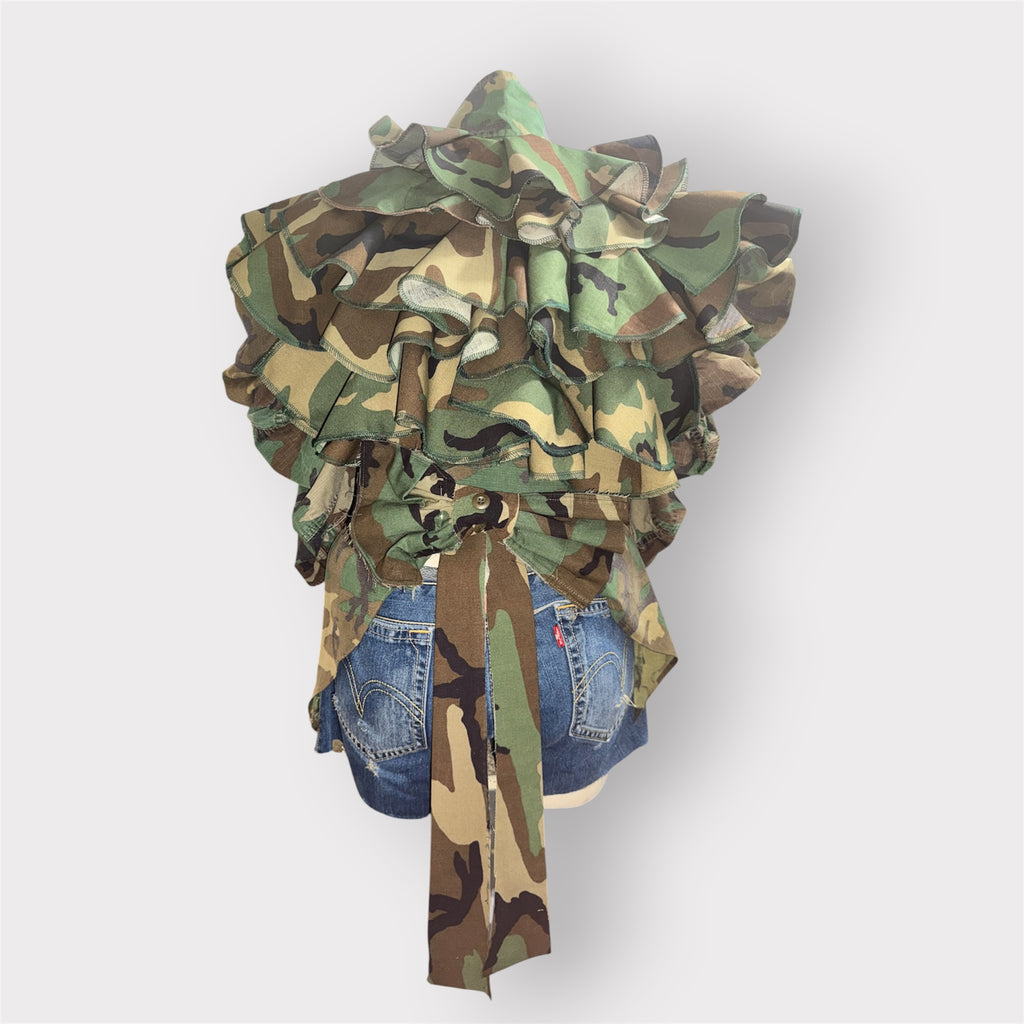 Western Style Ruffle Tuxe Tail Puff Sleeve Camo