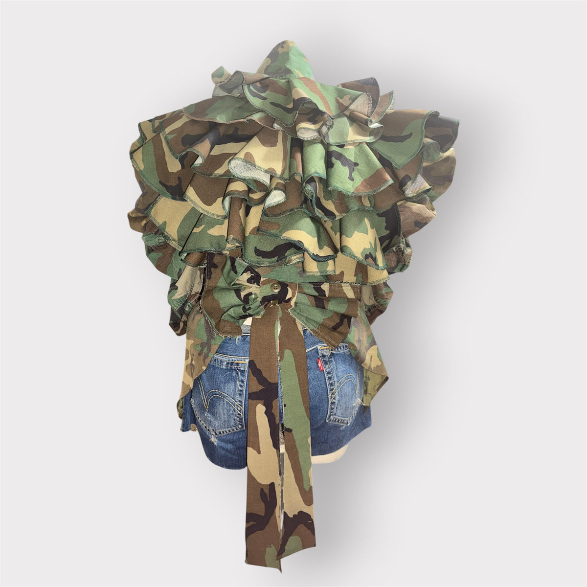 Western Style Ruffle Tuxe Tail Puff Sleeve Camo