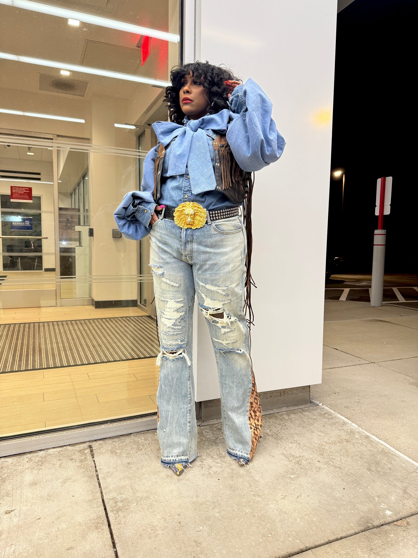 Custom Denim P Bow Western Style Top