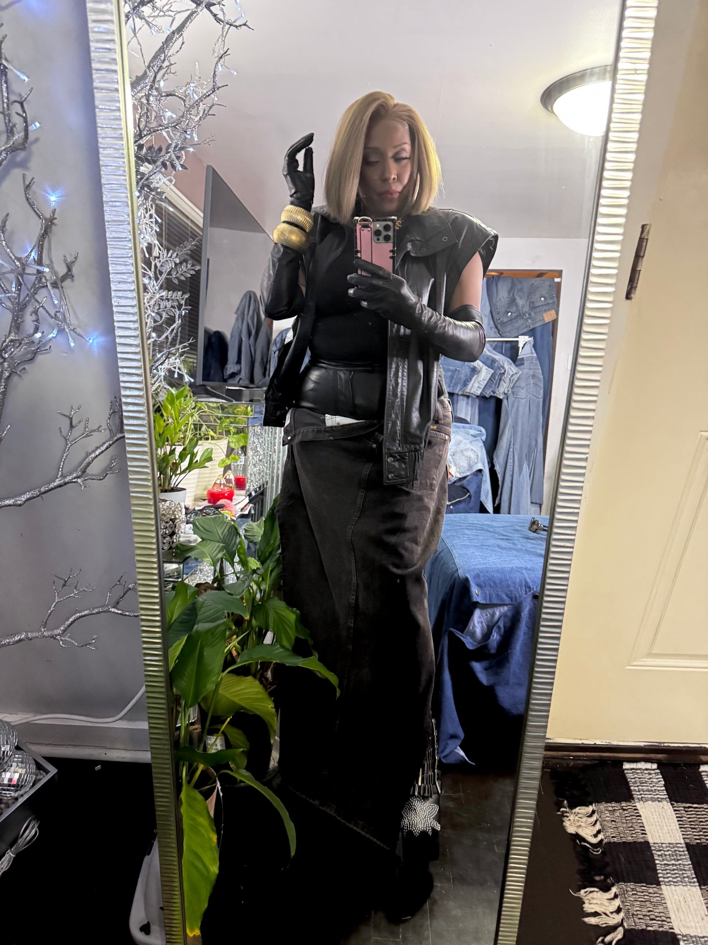 Leather Double Waist Denim Maxi Skirt