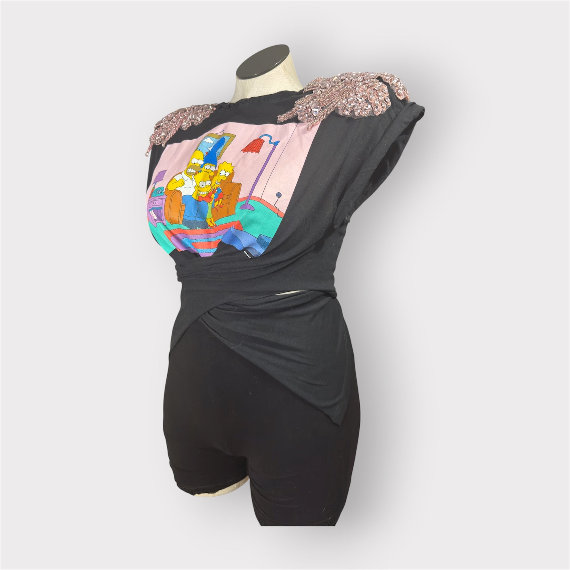 Luxe Nostalgia Crystal Couture Shoulder Wrap Tee