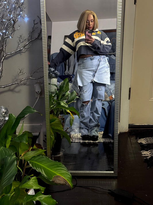 Distressed Denim Apron Style Overlay Jeans