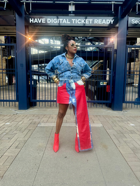 Distressed Asymmetric Denim Maxi Skirt w Front Leather Panels