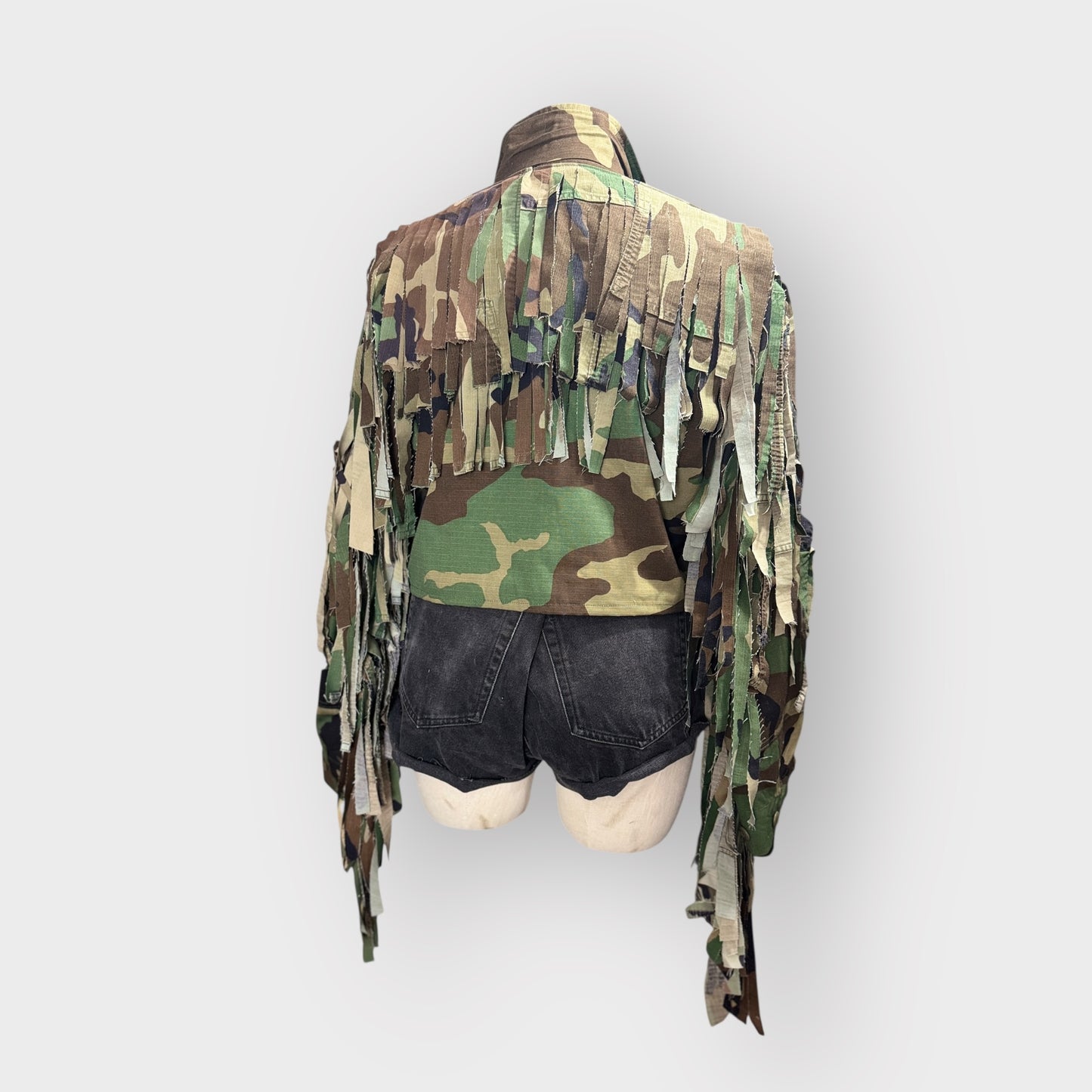 Cropped Fringe Camo Couture Jacket