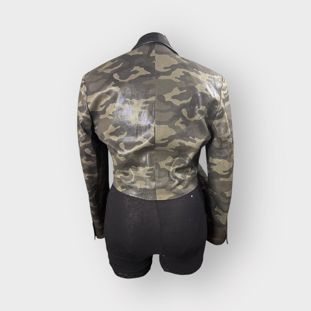 Asymmetrical Ruffle Style Cropped Camo Blazer