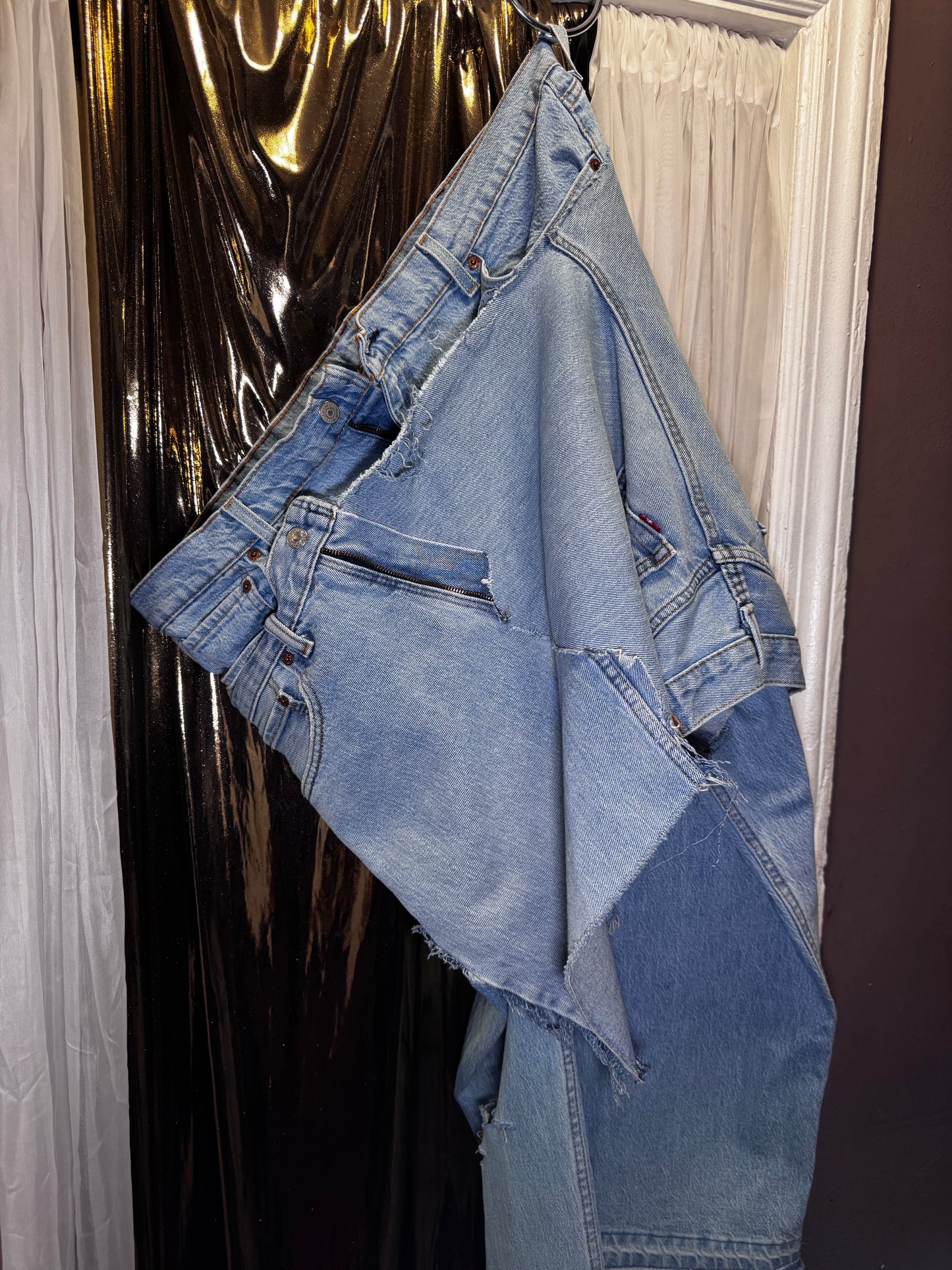 Distressed Denim Apron Style Overlay Jeans