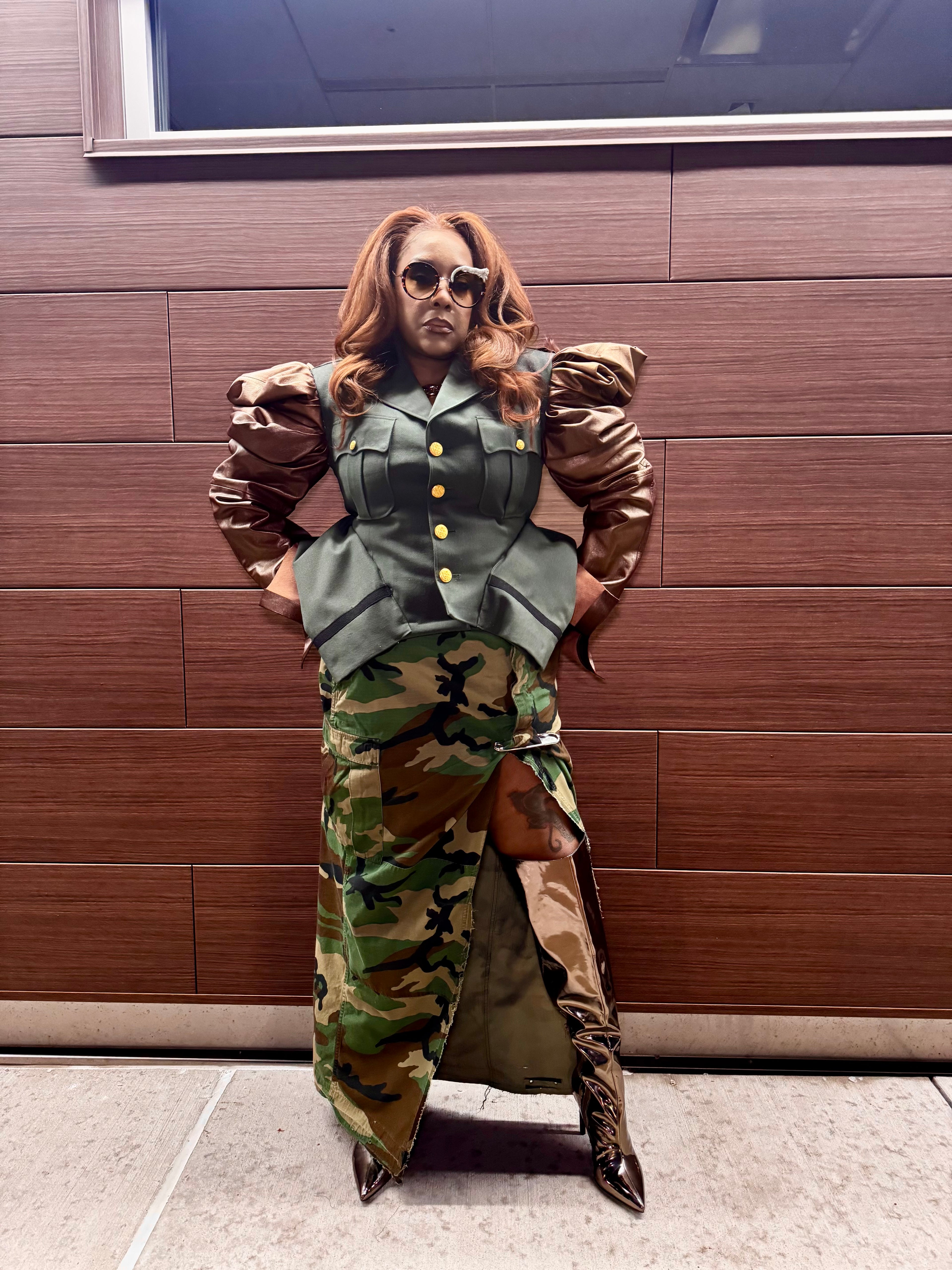 Military Couture Peplum Jacket w Leather Puff Sleeves