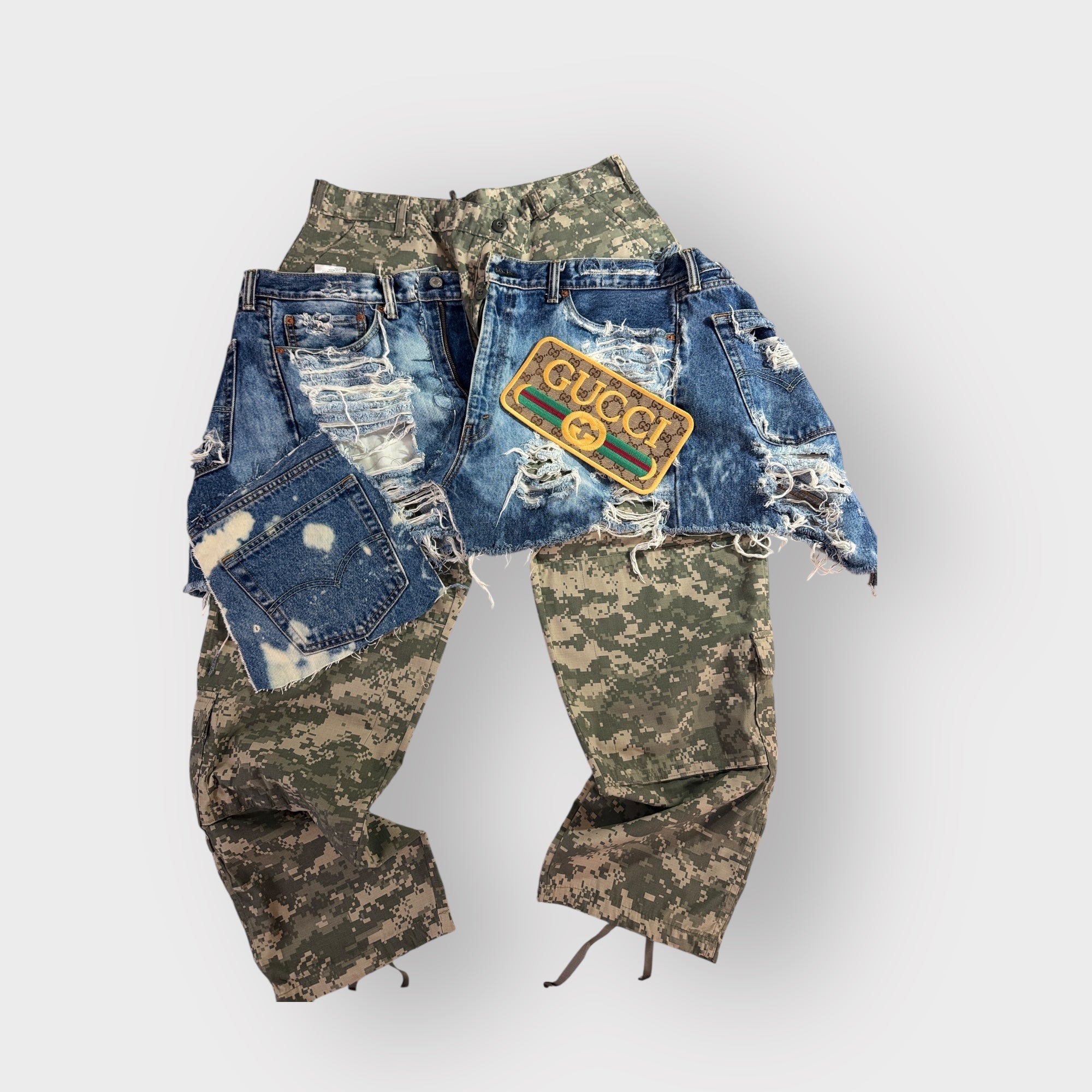 Distressed Denim n Digital Camo Cargos