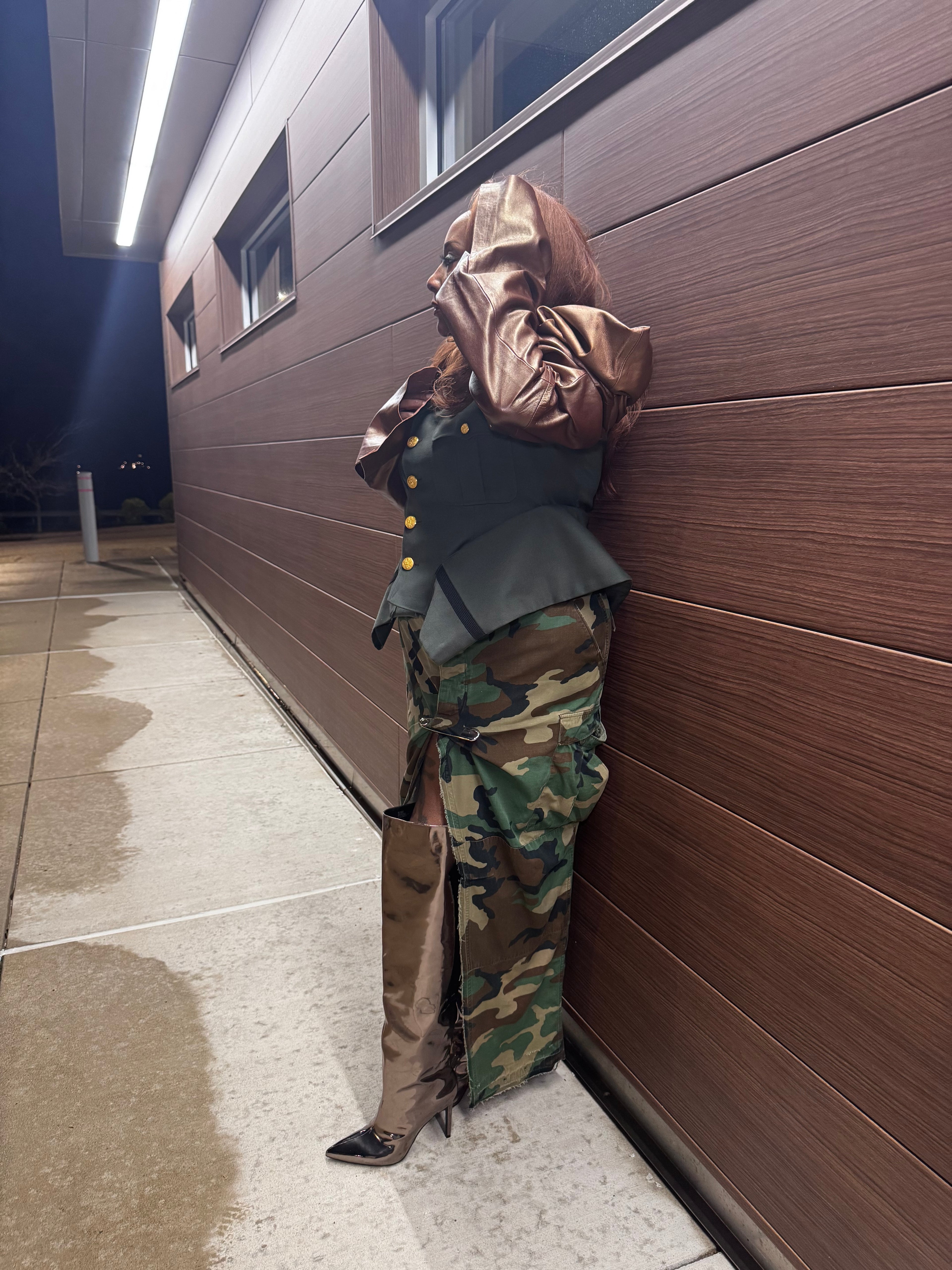 Military Couture Peplum Jacket w Leather Puff Sleeves