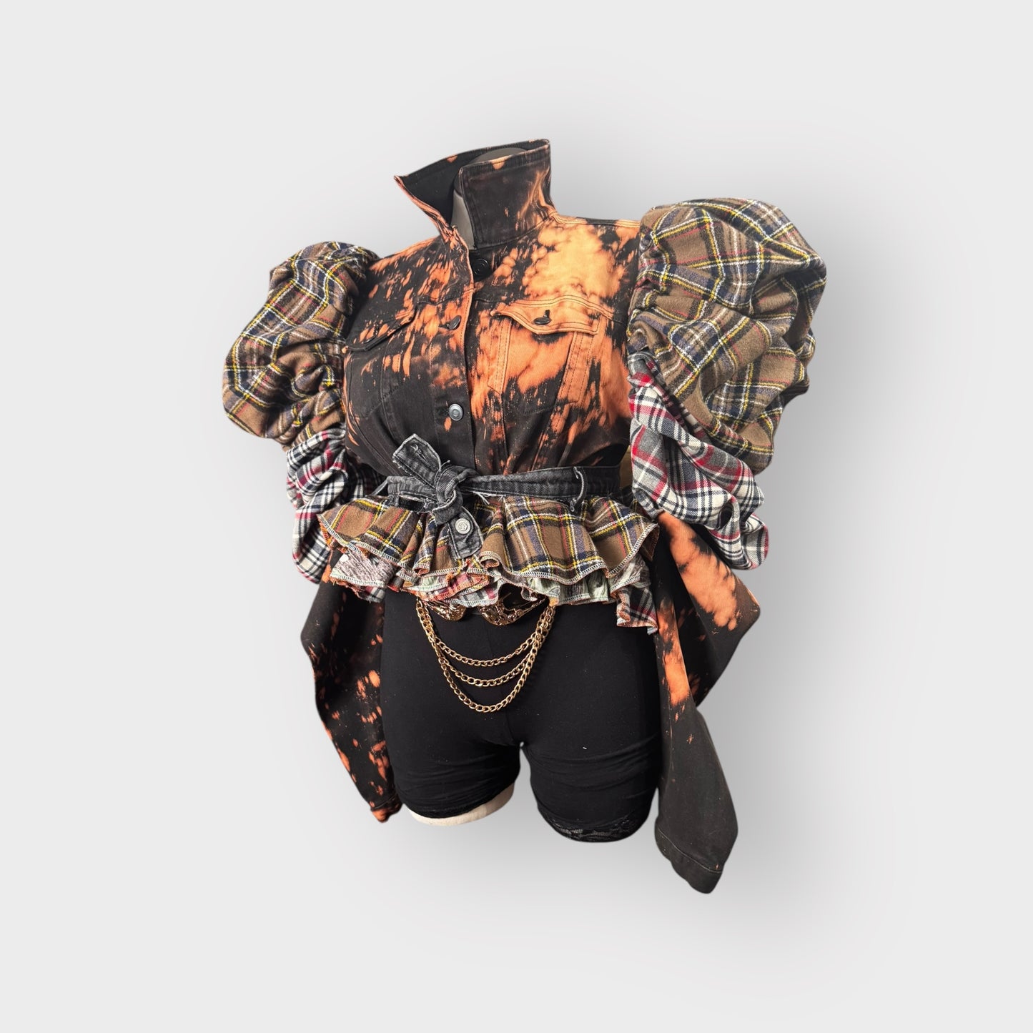 Tartan Bishop Sleeve Peplum Layered Jacket