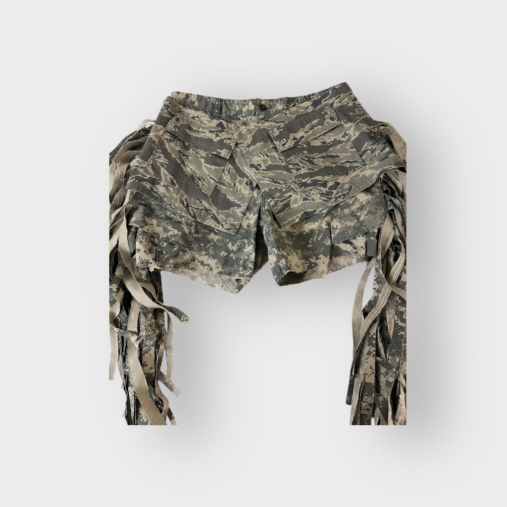 Digital Camo Exaggerated Fringe Shorts w Overlay