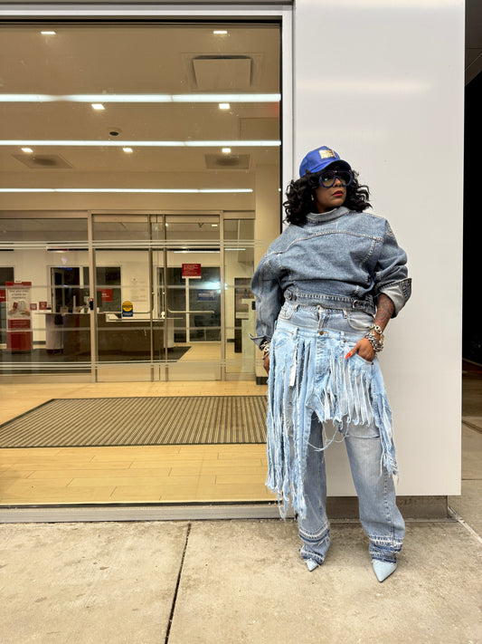 Two Toned Double Denim Fringe Layover Carpenter Jeans