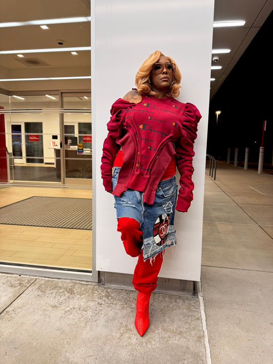 Corset Style Off the Shoulder Puff Sleeve Crewneck