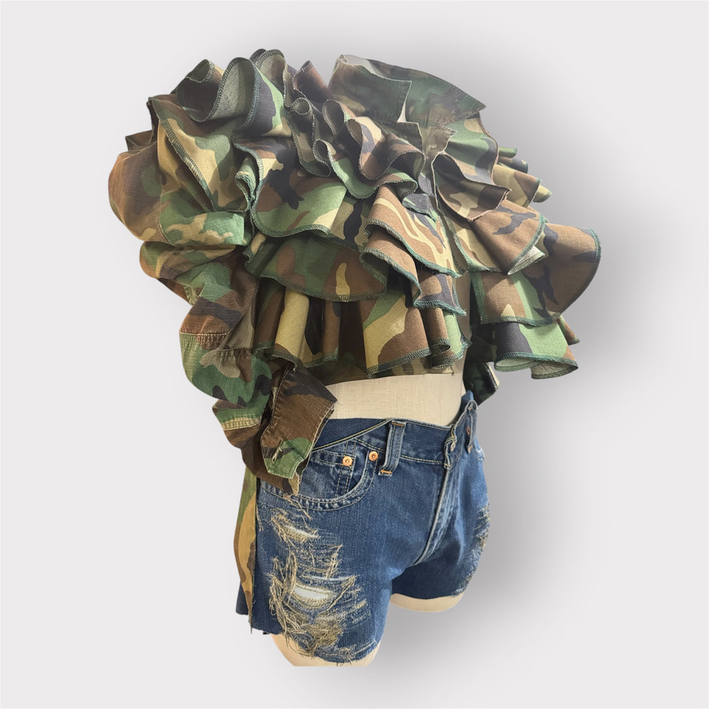 Western Style Ruffle Tuxe Tail Puff Sleeve Camo