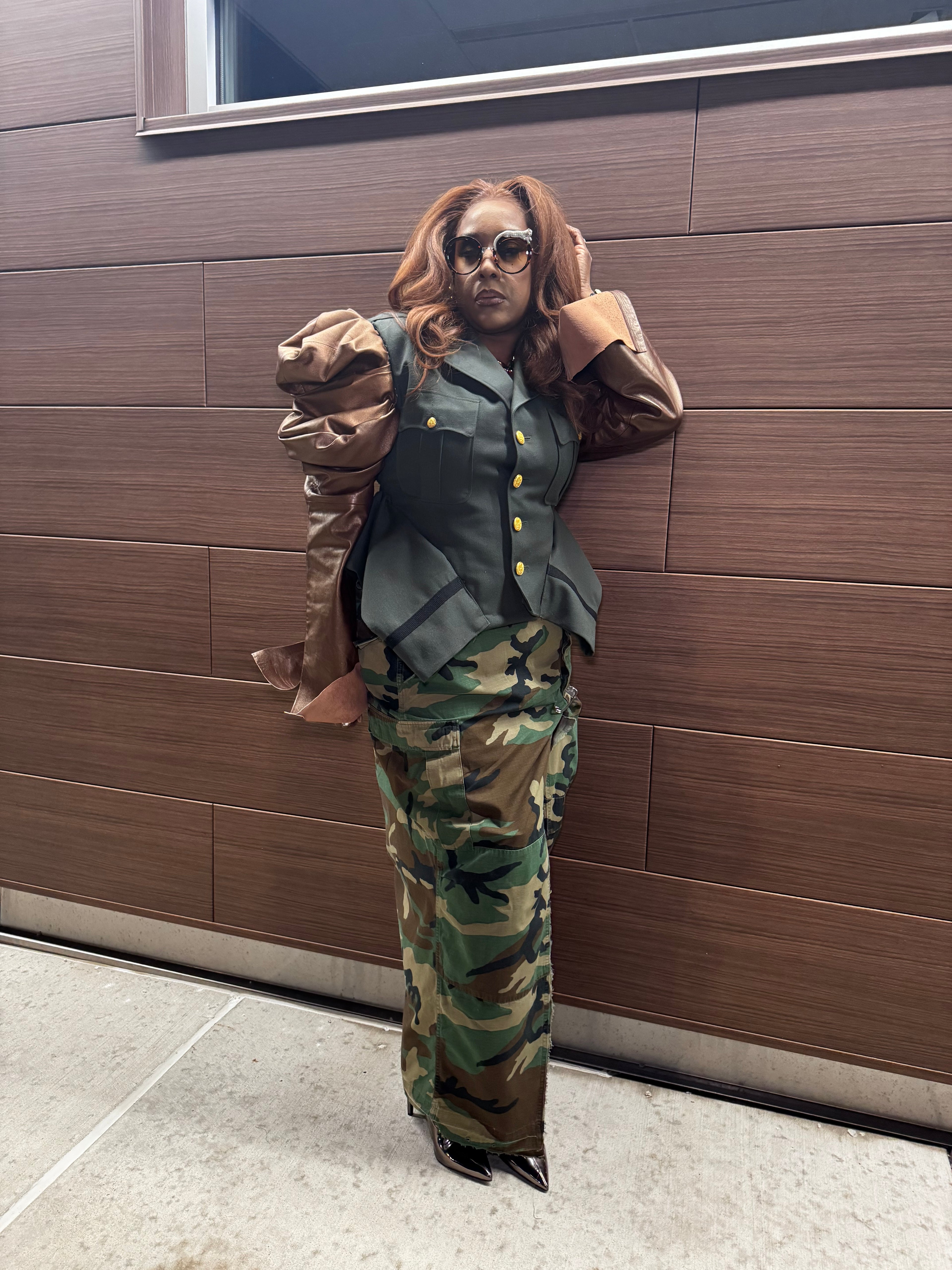 Military Couture Peplum Jacket w Leather Puff Sleeves